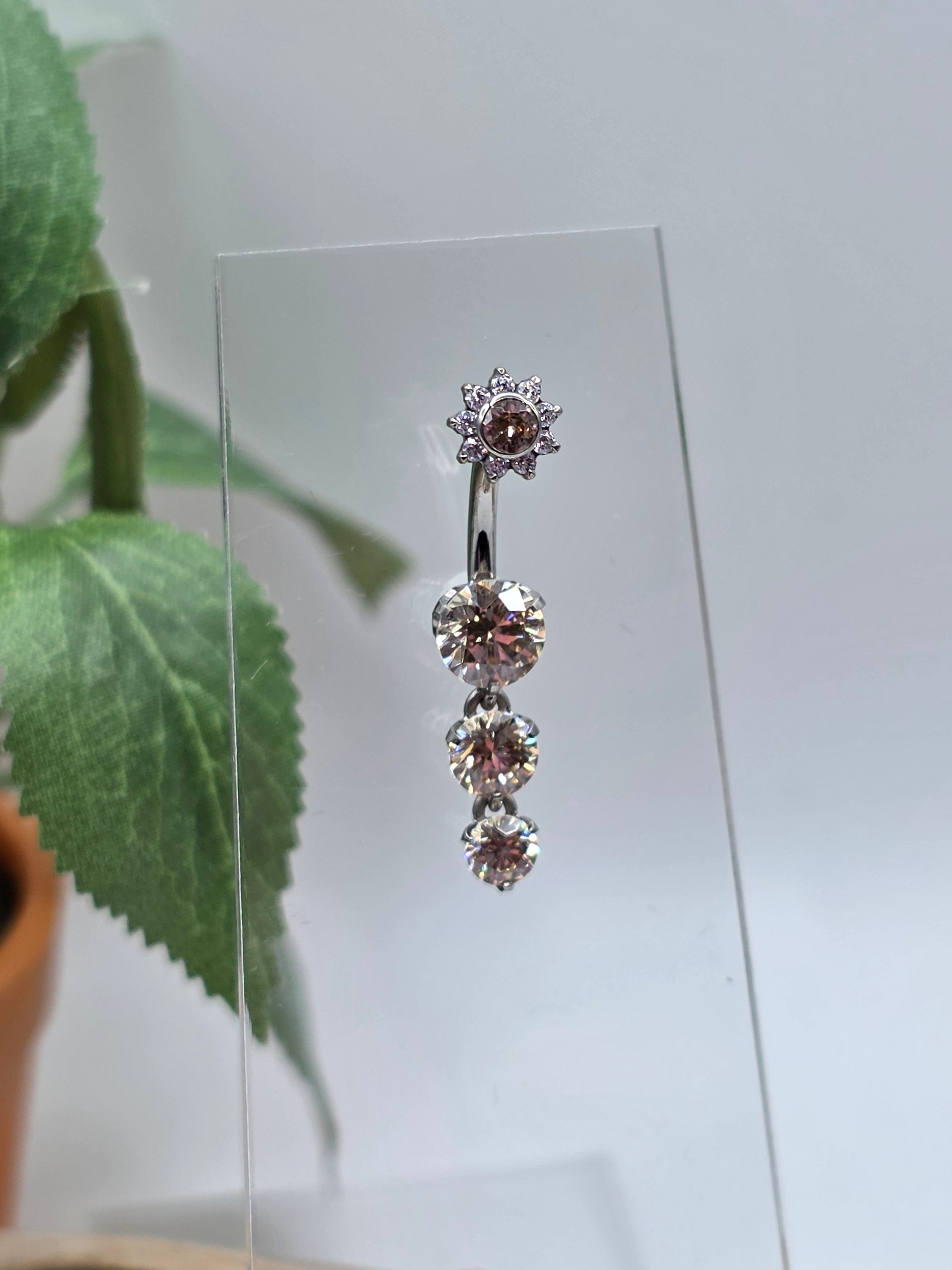 4 Gem Prong Navel Curve with Flower CZ Top