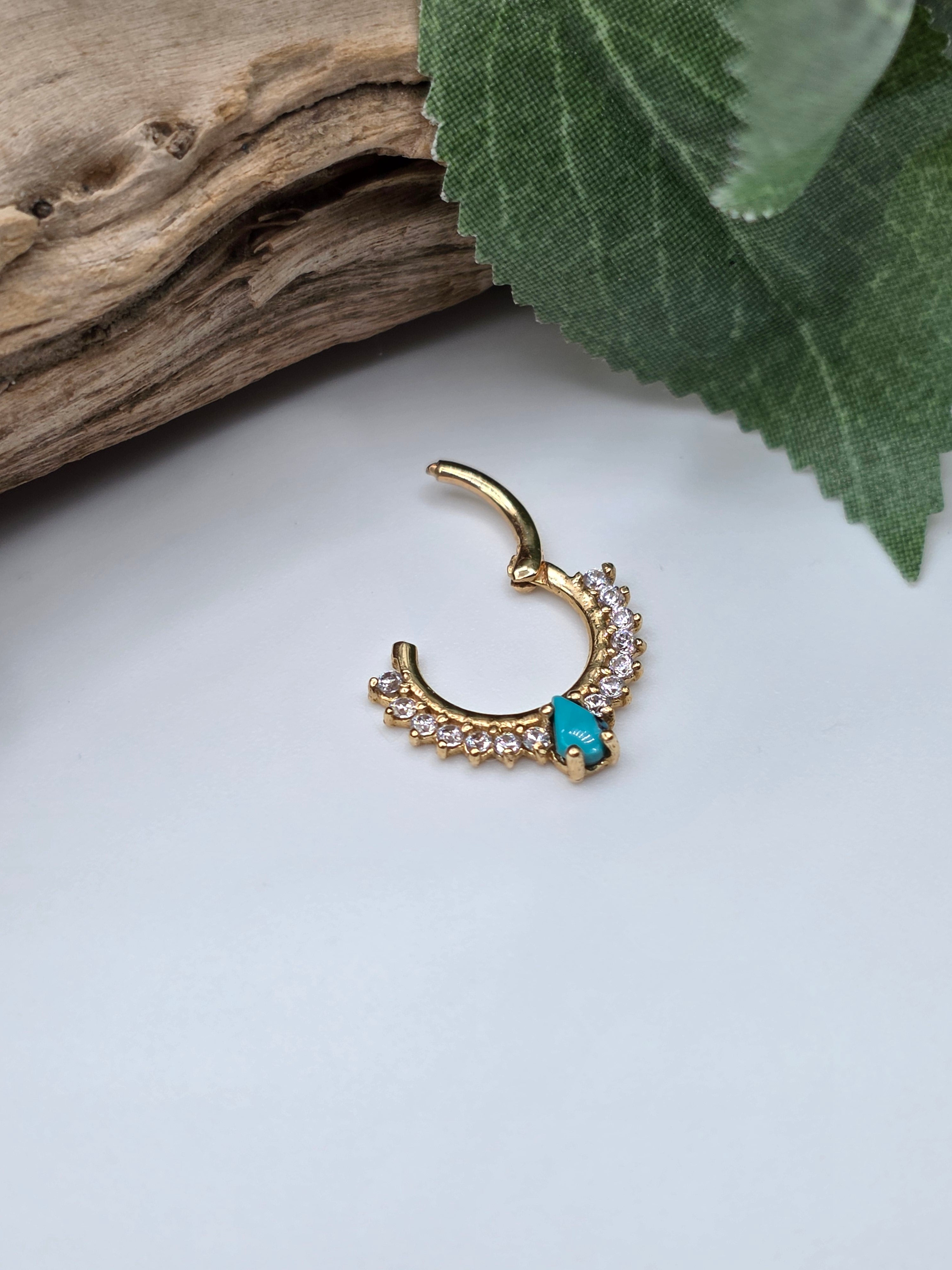 14k Yellow Gold Diamond and Turquoise Clicker